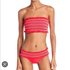 TORY BURCH Costa Hipster Smocked Bikini. Red. Small top, Medium Bottom